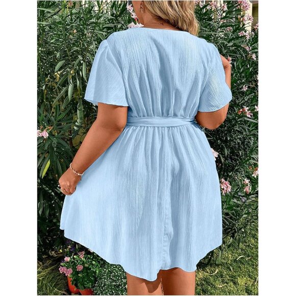 Plus Size Women's Ruffle V Neck Short Dress Casual Summer Beach Festival - Picture 3 of 5